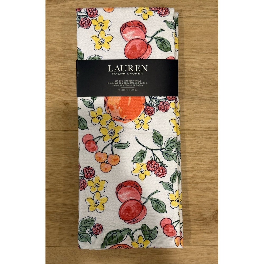 LAUREN RALPH LAUREN (2) KITCHEN TOWELS PEACHES CHERRIES 17 X 28 100% COTTON NWT